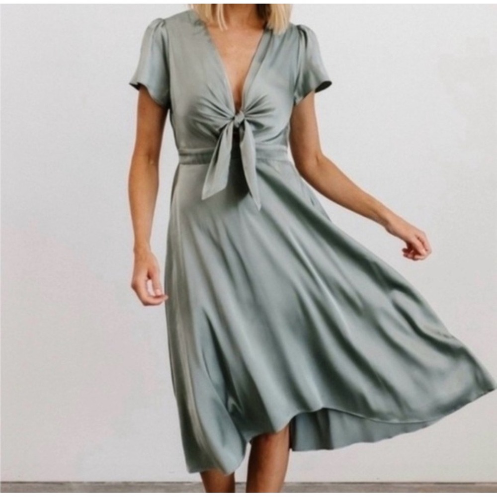 Olive Green Satin Tie Front High-Low Midi‎ Dress Short Flutter Sleeve Small